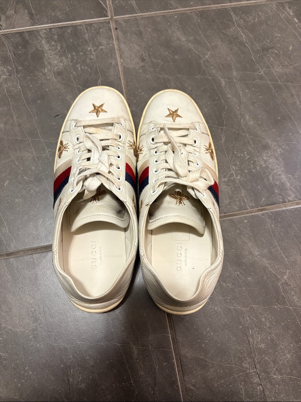 Gucci Ivory Leather Sneakers with Red & Blue Web and Gold Embroidery